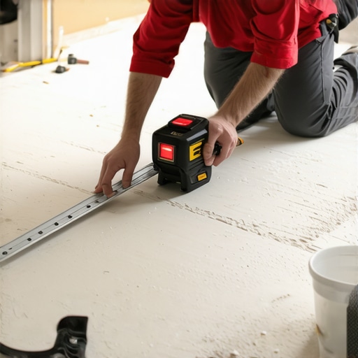 Professional installer using a 72-inch straightedge and laser level for floor precision.