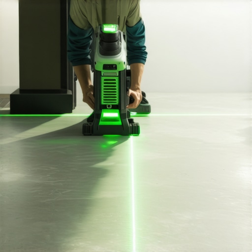Professional green beam laser level being used to check concrete slab flatness.