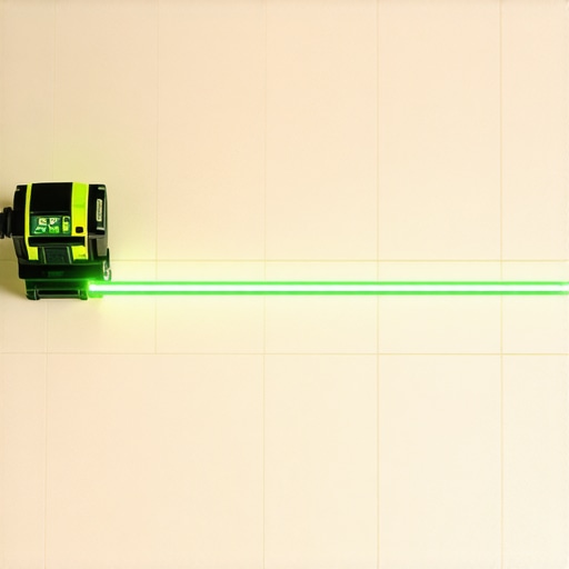Precision Laser Leveling for Floor Transitions Professional green beam laser level projecting a line for floor installation alignment.