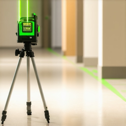 A green laser level projecting a line across a subfloor for precision flooring installation.