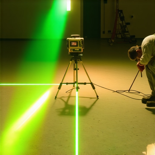 Precision Leveling with a Green Beam Laser Professional 360-degree laser level projecting lines on a subfloor for precision leveling.