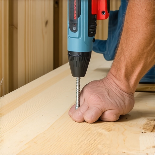Precision Subfloor Fastening Driving a screw into a subfloor joist to eliminate floor squeaks.