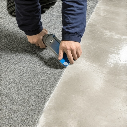 Precision cutting for modular carpet tiles A contractor cutting a carpet tile edge with a sharp blade to prevent fraying.