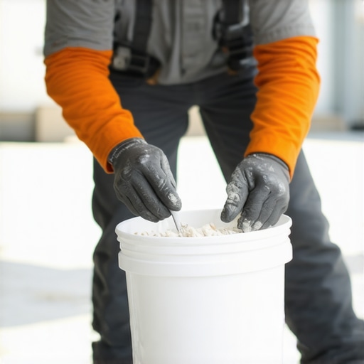 Precision mixing of self-leveling floor compound A contractor measuring water for self-leveler to ensure a perfect subfloor foundation.
