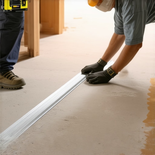 Precision subfloor leveling with a 10-foot straightedge Contractor checking floor flatness with a long straightedge and laser level.
