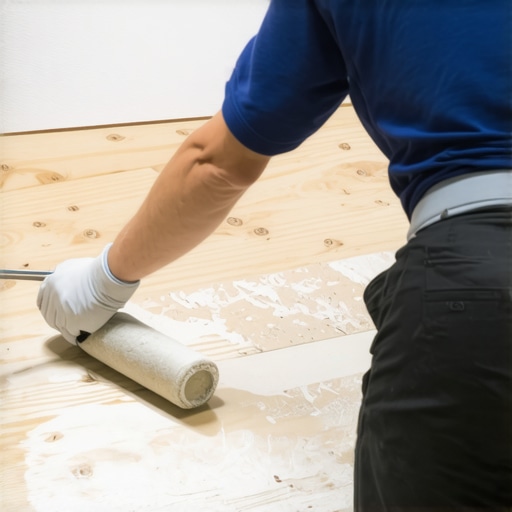 Preparing Subfloor with Primer Applying primer to a plywood subfloor before pouring leveler.