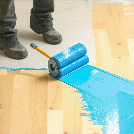 Priming Plywood Subfloor Before Leveling A worker rolling primer onto a plywood subfloor to prepare for self-leveling compound.