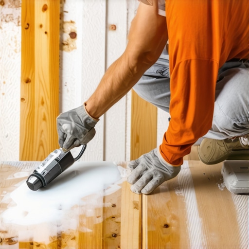 Priming a plywood subfloor before tiling A person using a paint roller to apply primer to a plywood subfloor to ensure proper mortar adhesion.