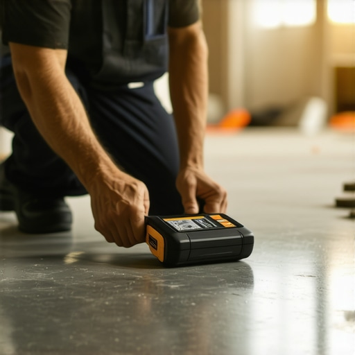 Pro Contractor Using Moisture Meter on Subfloor Close-up of a professional flooring contractor using a digital moisture meter to test a subfloor before installation.