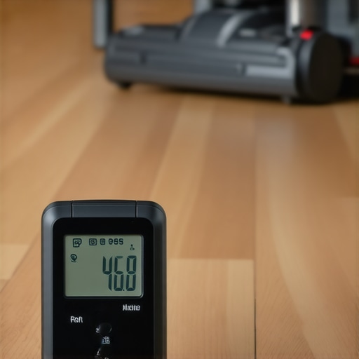 Pro-Grade Floor Maintenance Tools A digital moisture meter and vacuum attachment on a hardwood floor for maintenance.