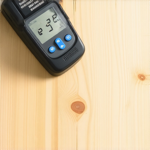 Pro Moisture Meter on Pine Floor A digital pinless moisture meter checking the humidity levels of a stained pine floor.