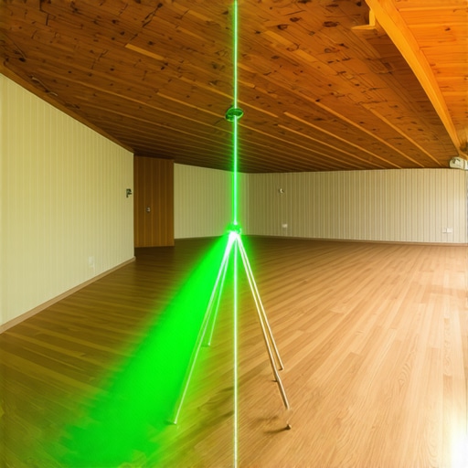 A green beam laser level projecting a horizontal line across a subfloor for precision leveling