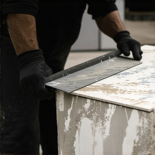 A contractor applying a thin layer of mortar to the back of a large format floor tile.