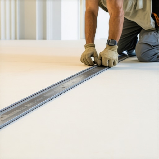 Professional Checking Subfloor Flatness A contractor using a 10-foot straightedge to measure floor flatness before tile installation.