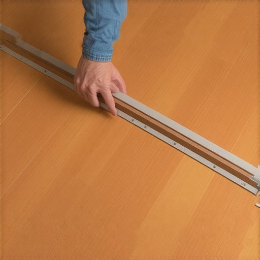 A worker marking a curved transition line on a hardwood floor using a flexible template tool.