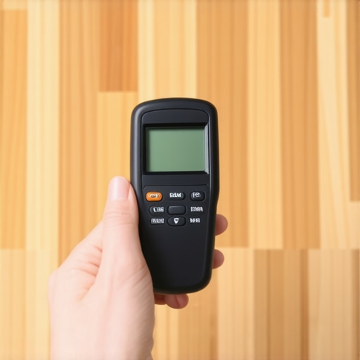 Close up of a digital moisture meter measuring moisture in hardwood floors.