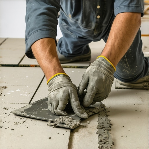 An installer combing thinset mortar in straight lines using a notched trowel for maximum tile coverage.