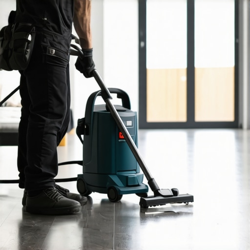 Professional Dust Extraction for Wood Flooring A contractor using a HEPA vacuum and sander to keep a hardwood floor clean during refinishing.