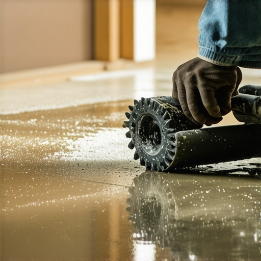 Professional Finishing with a Spiky Roller A spiky roller being used on fresh self-leveling compound for a smooth finish