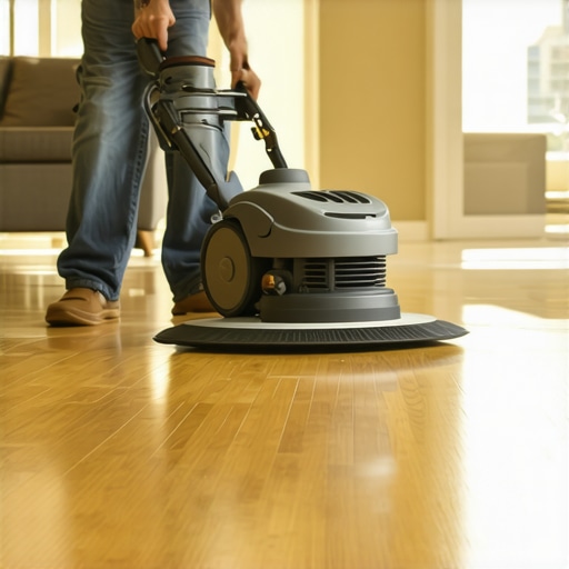 Professional Floor Buffer for Unified Wood Finish Professional floor buffer machine used on hardwood planks to create a level and smooth surface before staining.