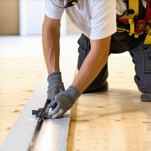 Contractor checking subfloor flatness with a 10-foot straightedge before tile installation