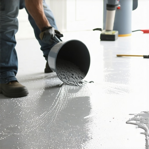 A worker pouring self-leveling compound on a subfloor to prepare for hardwood and tile installation.