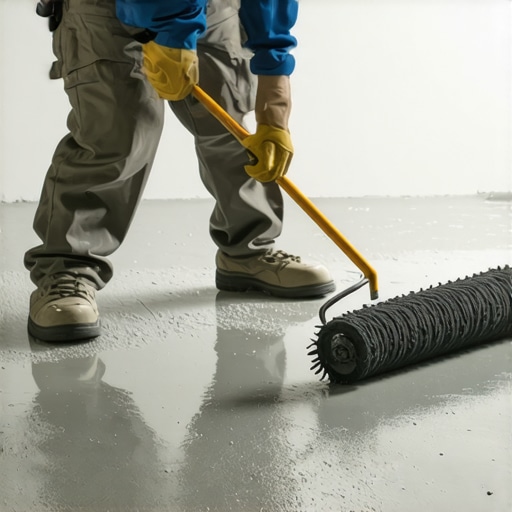 Professional Floor Leveling Technique Contractor using a spiky roller on self-leveling compound