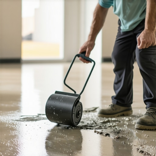 Installer smoothing self-leveling compound with a spiked roller on a concrete subfloor.