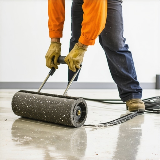 Contractor using a spiked roller on wet self-leveling compound to ensure a smooth finish.