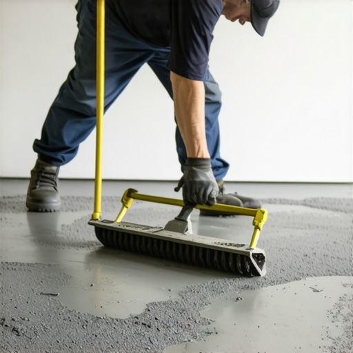 Professional Floor Leveling Technique Installer using a gauge rake to spread self-leveling compound on a subfloor.