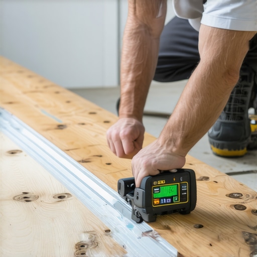 Professional contractor checking subfloor flatness with a long straightedge and moisture meter.