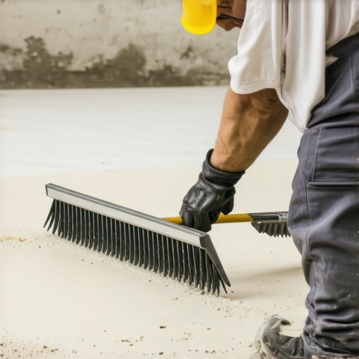 Professional Floor Leveling Tools in Action Contractor using a gauged rake and spiked shoes to level a floor.