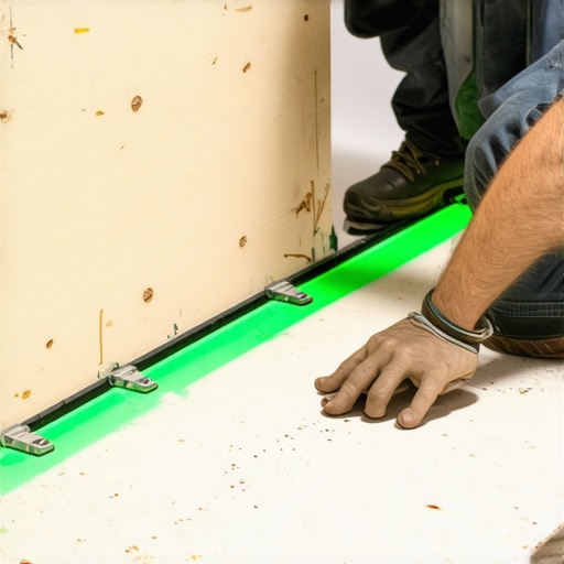 Professional Floor Leveling Tools in Action Professional contractor using a laser level and straightedge to check subfloor flatness for hardwood installation.