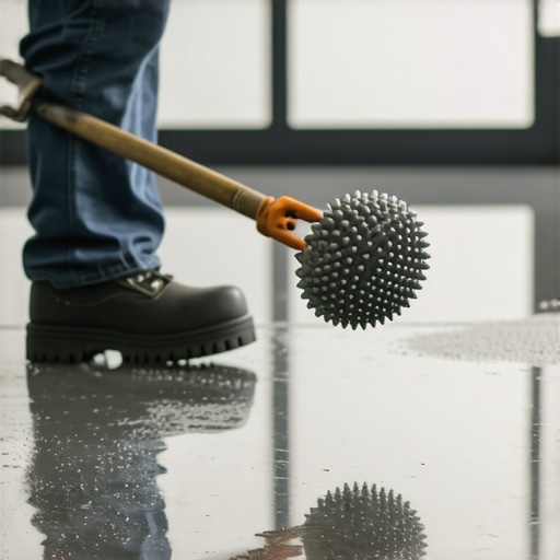 Professional Floor Leveling Tools in Action Contractor using spiked shoes and a spiked roller on a wet self-leveling underlayment.