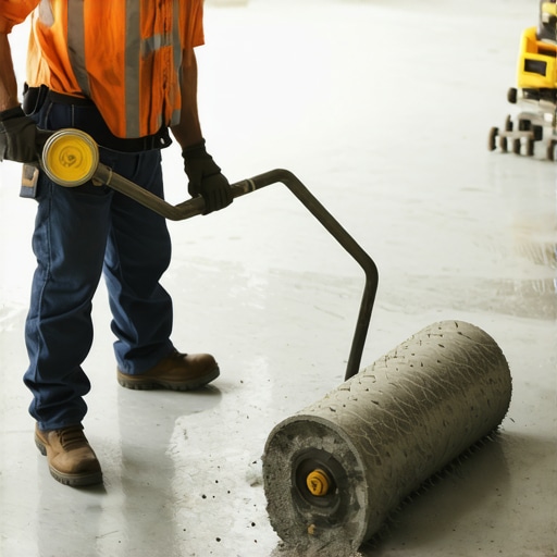 Professional Floor Leveling Tools in Action Contractor using a gauge rake and spiked roller for floor leveling