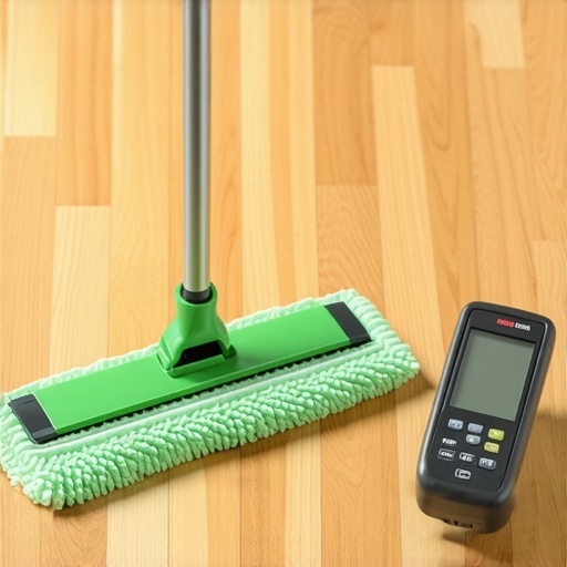 Professional Floor Maintenance Tools Close up of a moisture meter and microfiber mop on a smooth hardwood floor