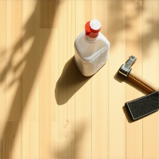 Close up of cleaning hardwood floors with proper pH neutral cleaner and professional tools nearby