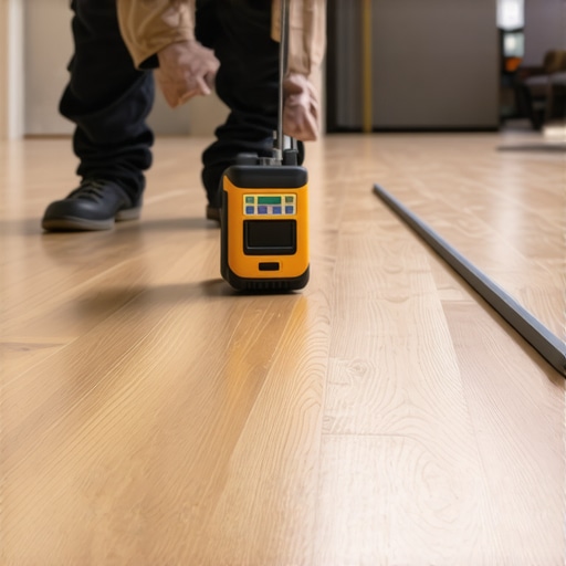 Close-up of a pinless moisture meter being used on a hardwood floor for precision installation.