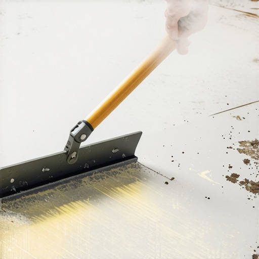 A heavy-duty floor scraper removing glue from a concrete slab