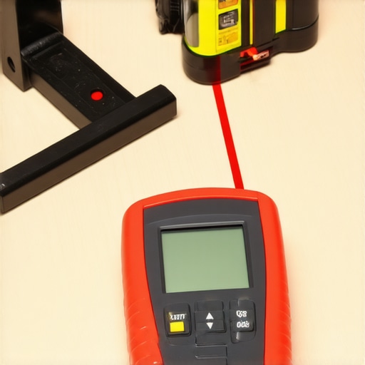 Professional Flooring Installation Tools High-quality digital moisture meter, cast-iron pull bar, and laser level on a clean plywood subfloor.