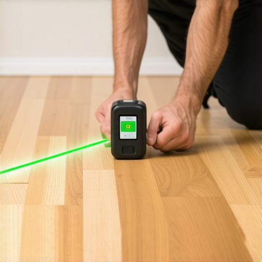 Professional Flooring Installation Tools in Use Contractor using a moisture meter and laser level for flooring installation.