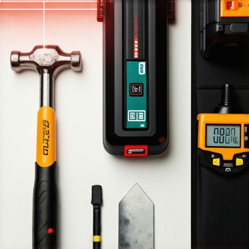 A collection of professional flooring tools including a laser level and dead blow hammer on a subfloor.