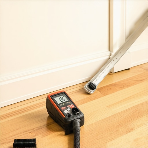 Professional Flooring Installation and Maintenance Tools A collection of professional tools including a moisture meter and vacuum attachment for hardwood floor maintenance.
