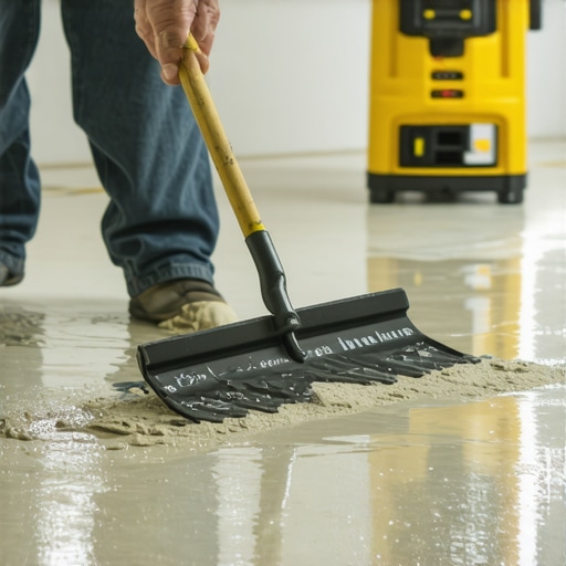 Professional Flooring Leveling Tools A high-shear mixing paddle and laser level used for professional floor preparation.