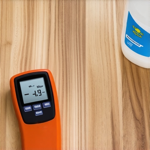 Moisture meter and cleaning supplies for reclaimed wood floor maintenance