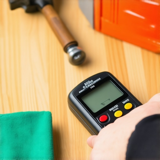 A pinless moisture meter checking hardwood floor humidity levels alongside a dead-blow hammer.