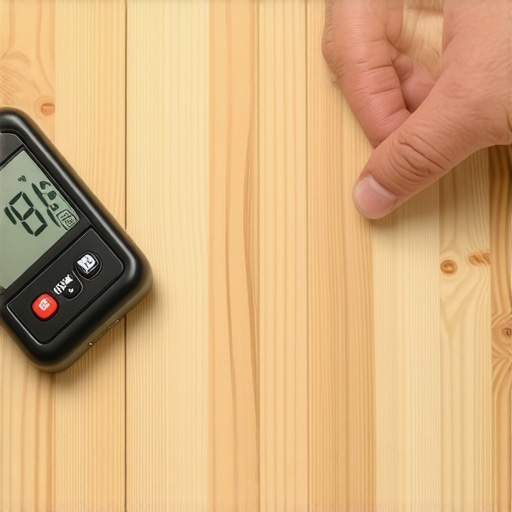 Close-up of a digital moisture meter on a vinyl plank floor for professional subfloor testing