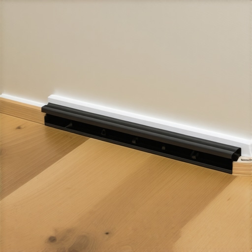 Close-up of plastic spacers maintaining a 1/4-inch expansion gap between vinyl flooring and a wall.