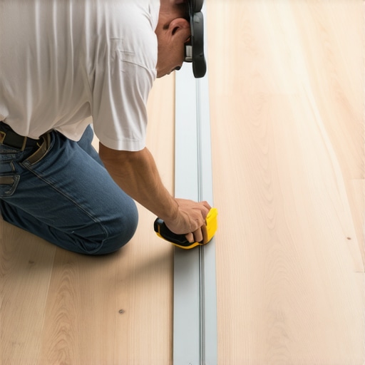 Contractor checking subfloor flatness with a straightedge and moisture meter for a perfect installation.