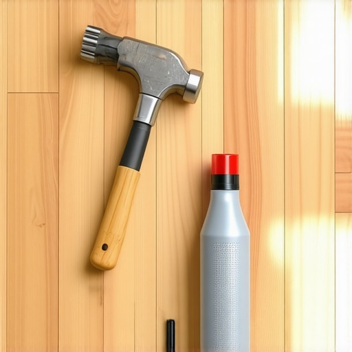 Professional Flooring Tools and Maintenance Essentials Collection of professional flooring tools including a dead-blow hammer and specialized cleaner on a wood floor.